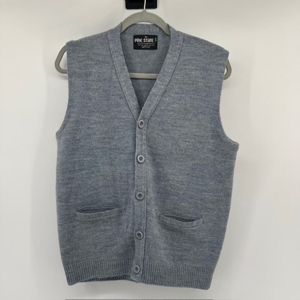 VTG Pine State Cardigan Sweater Vest Adult M Blue Gray Orlon Acrylic 80s Grandpa